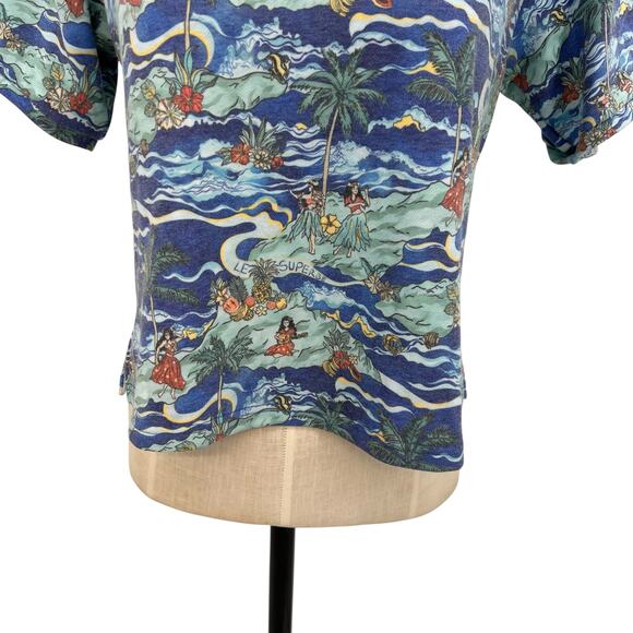 Le Superbe Fringed Tee Shirt Short Sleeve Hawaiian Print‎ Blue Size Small - Picture 6 of 10